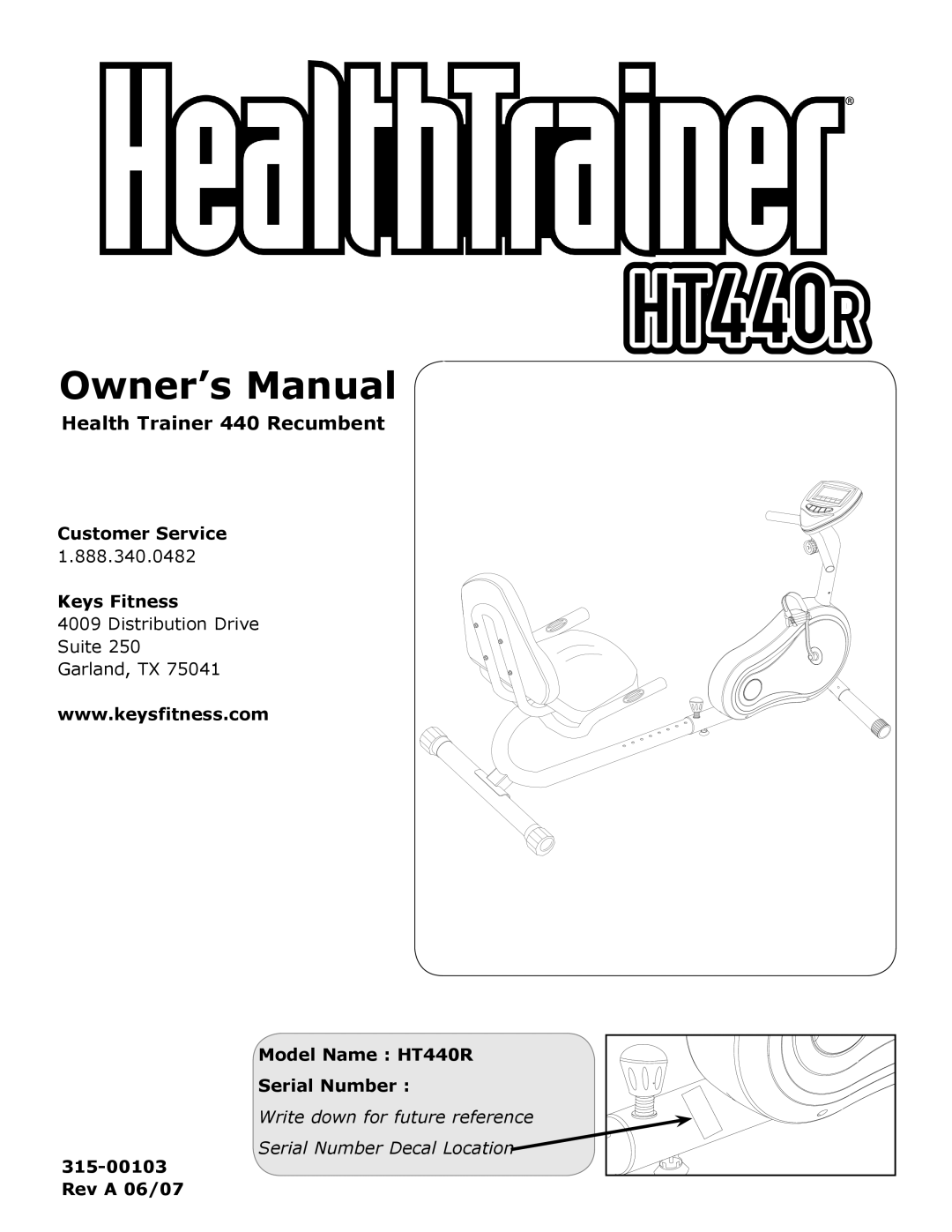 Keys Fitness HT440R owner manual Health Trainer 440 Recumbent 