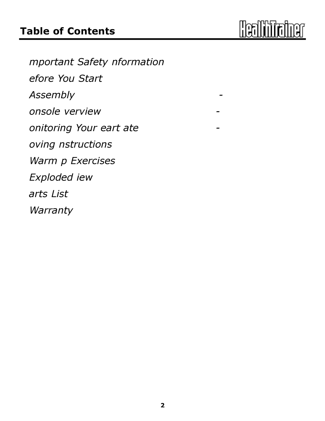 Keys Fitness HT440R owner manual Table of Contents 