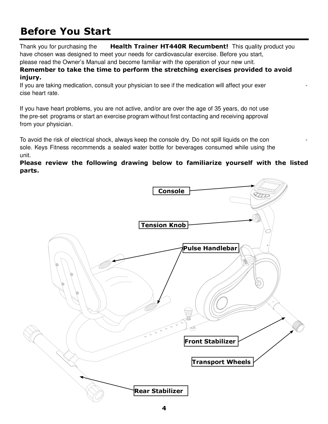 Keys Fitness HT440R owner manual Before You Start 