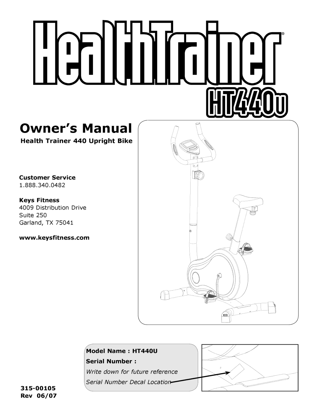 Keys Fitness HT440U owner manual Health Trainer 440 Upright Bike 