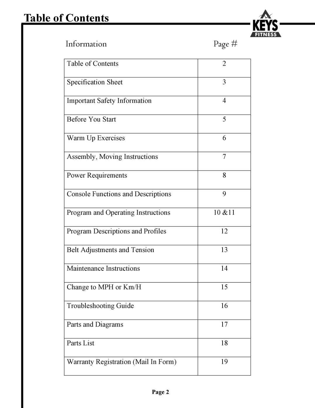 Keys Fitness HT500 owner manual Table of Contents 