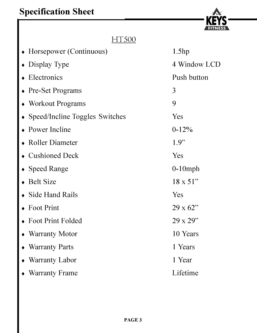 Keys Fitness HT500 owner manual Specification Sheet 