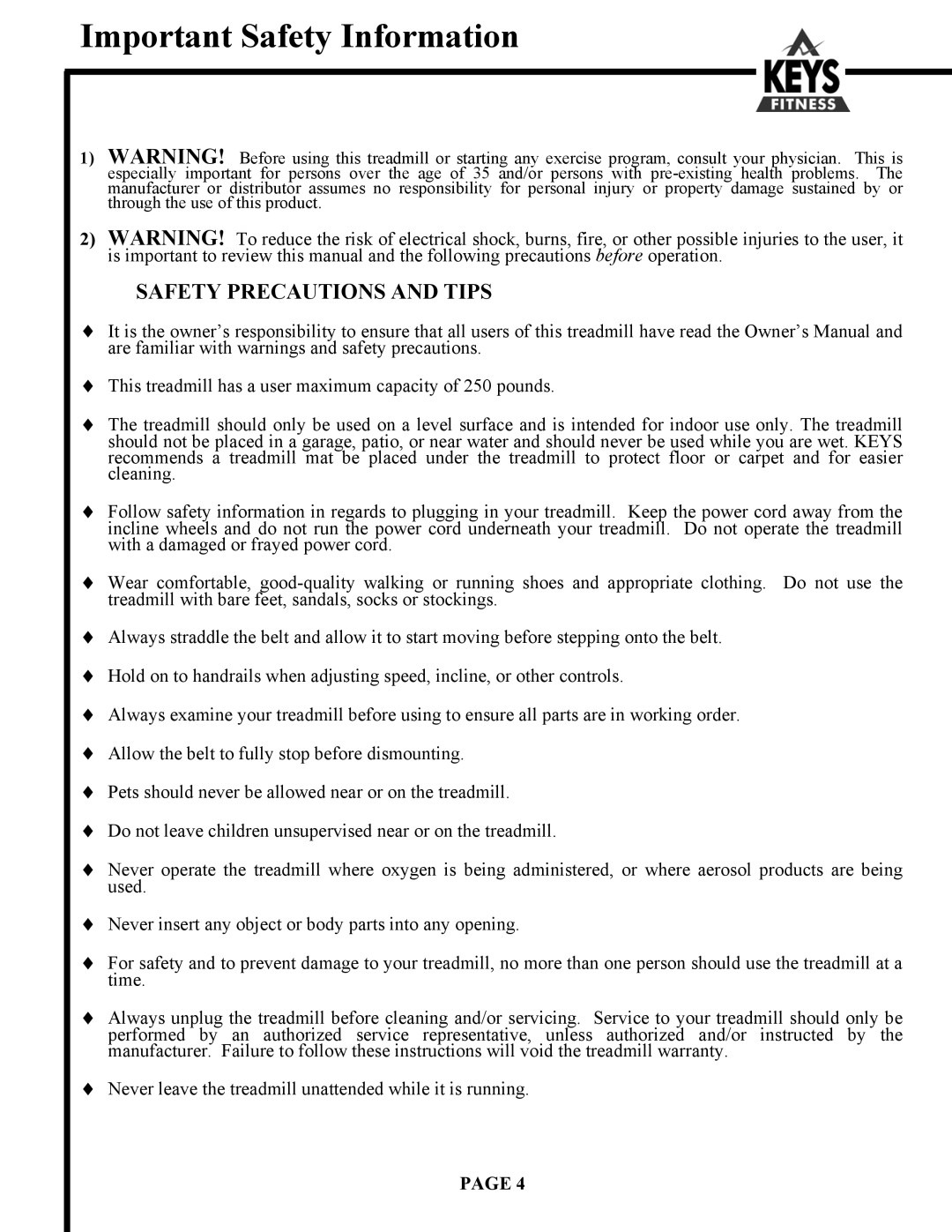 Keys Fitness HT500 owner manual Important Safety Information, Safety Precautions and Tips 