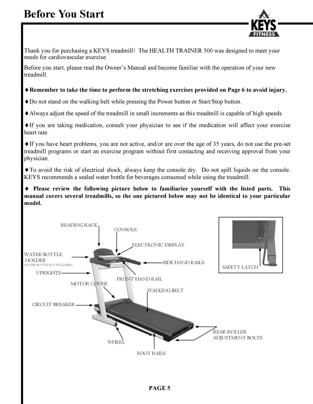 Keys Fitness HT500 owner manual Before You Start 