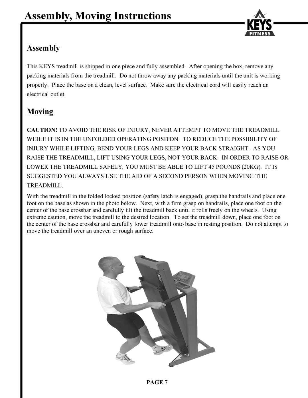 Keys Fitness HT500 owner manual Assembly, Moving Instructions 