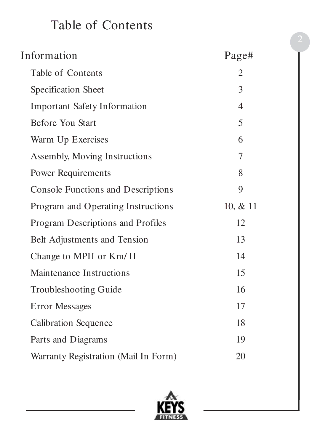 Keys Fitness HT601 owner manual Table of Contents 