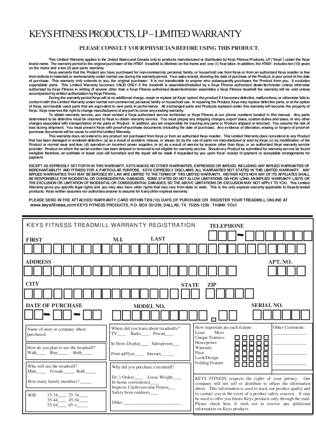 Keys Fitness HT601 owner manual Keysfitnessproducts,Lp-Limitedwarranty 