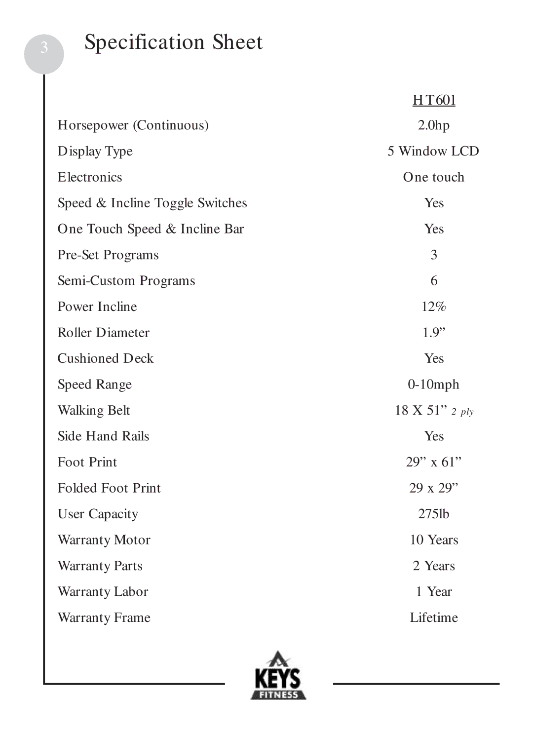 Keys Fitness HT601 owner manual Specification Sheet 