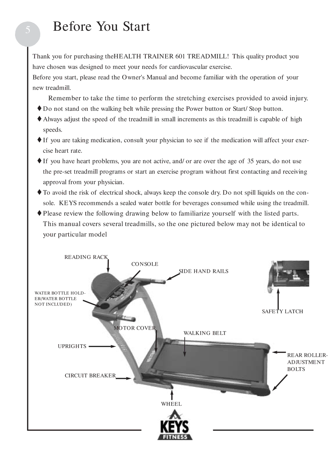 Keys Fitness HT601 owner manual Before You Start 