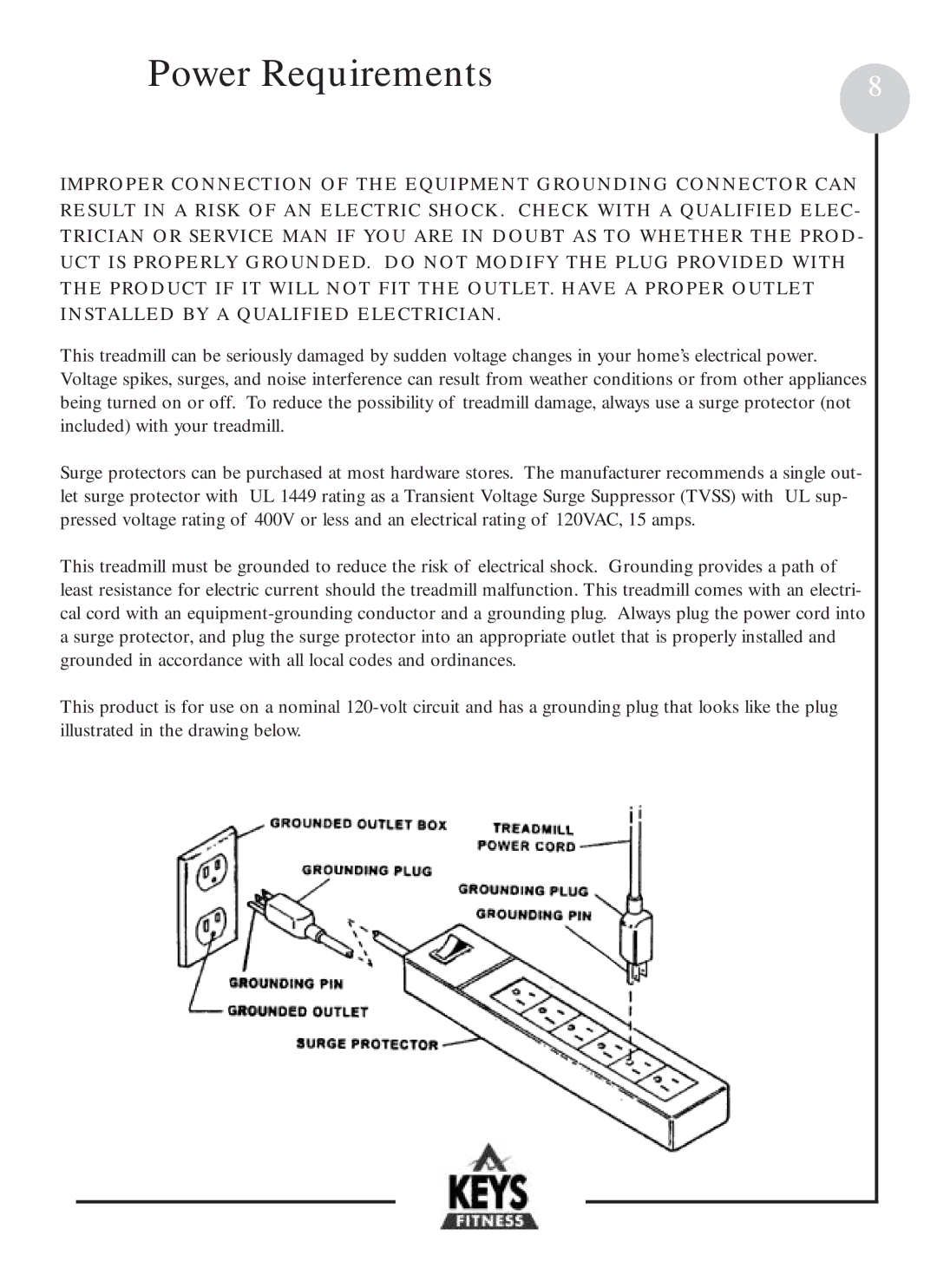 Keys Fitness HT601 owner manual Power Requirements 