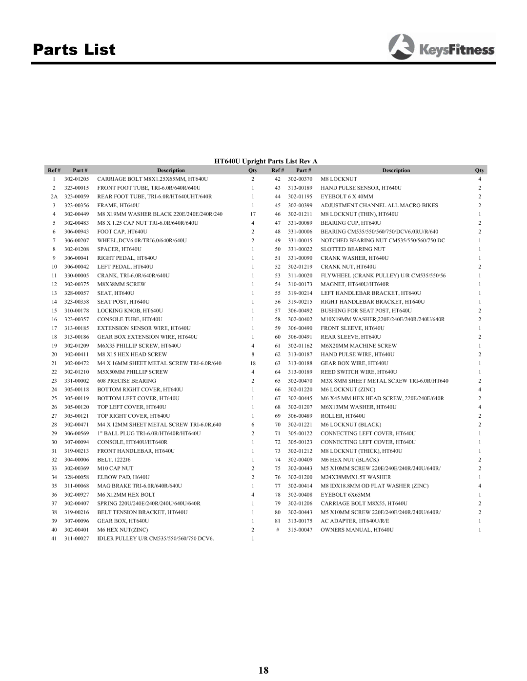 Keys Fitness owner manual HT640U Upright Parts List Rev a 