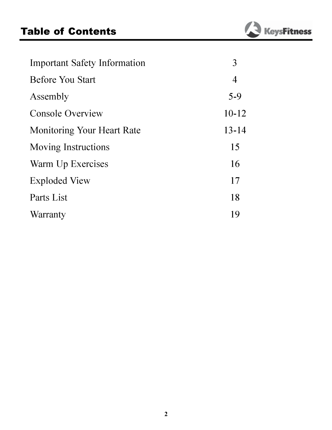 Keys Fitness HT640U owner manual Table of Contents 