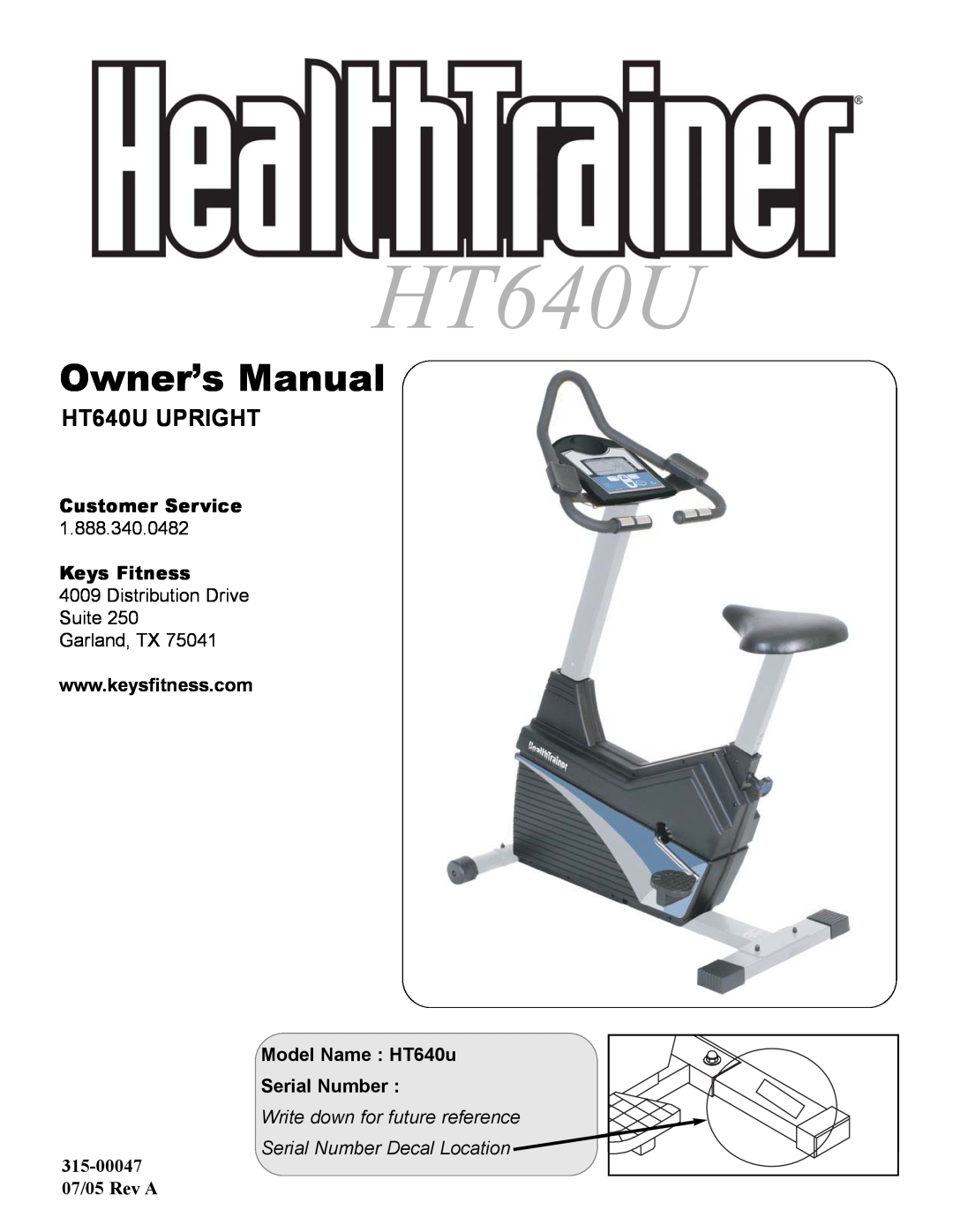 Keys Fitness owner manual Owner’s Manual, HT640U UPRIGHT, Customer Service, 1.888.340.0482, Keys Fitness 