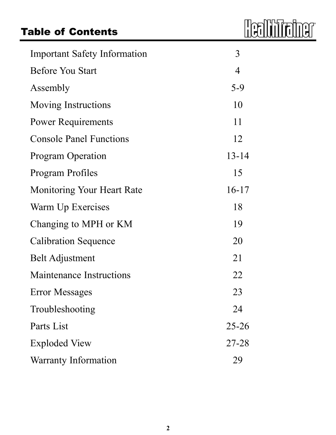 Keys Fitness HT65T.1-CE owner manual Table of Contents 