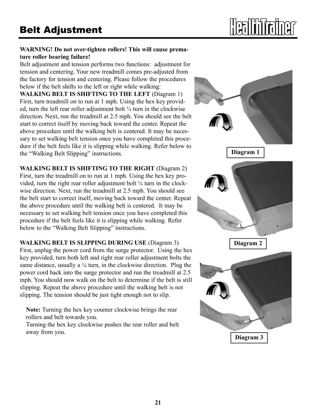 Keys Fitness HT65T.1-CE owner manual Belt Adjustment 