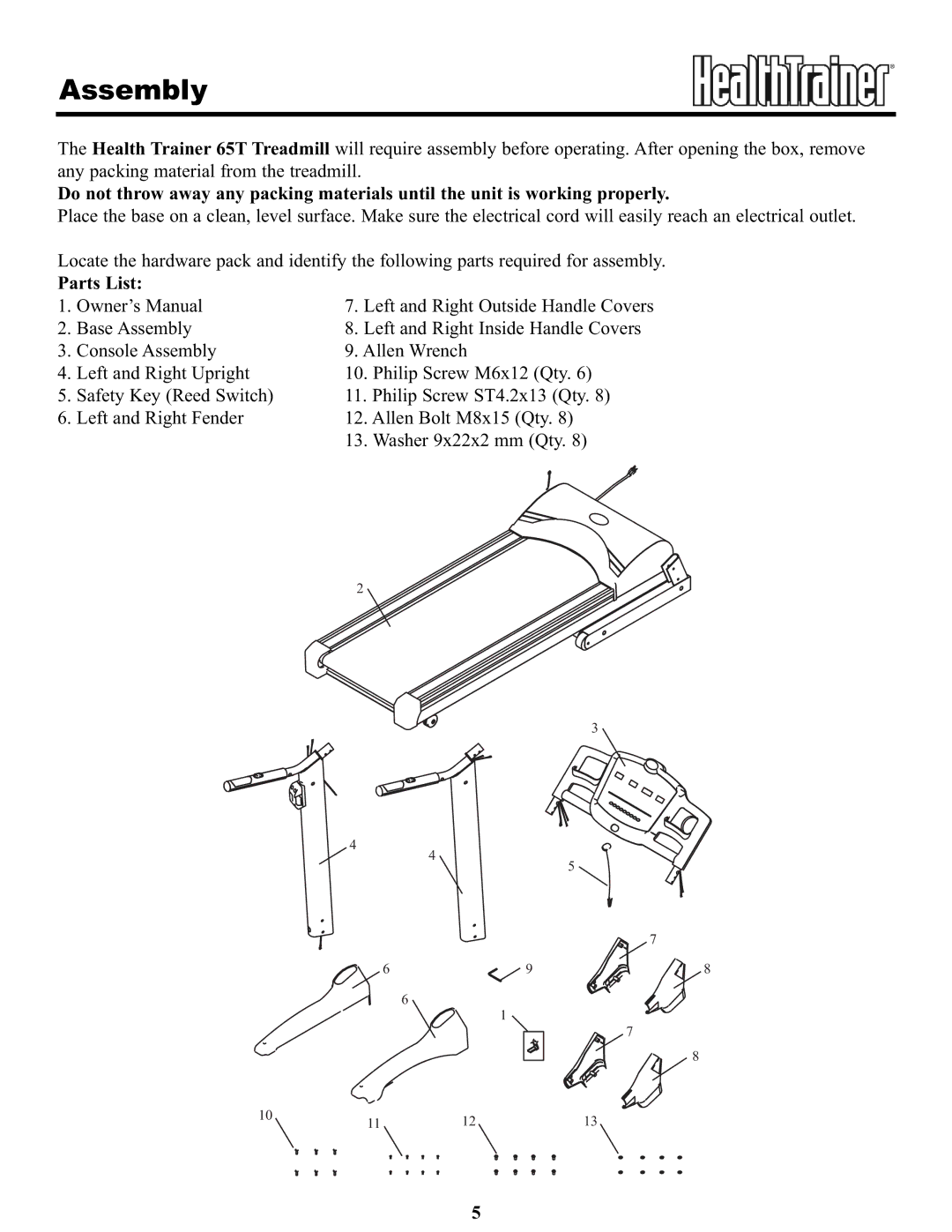 Keys Fitness HT65T.1-CE owner manual Assembly, Parts List 