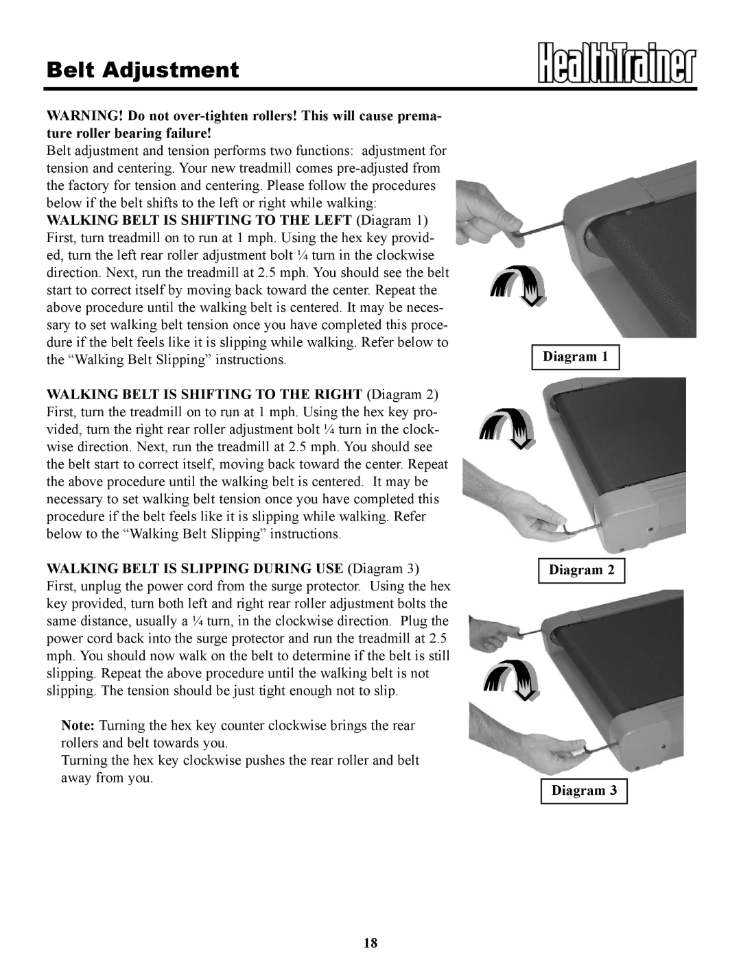 Keys Fitness HT702t owner manual Belt Adjustment 