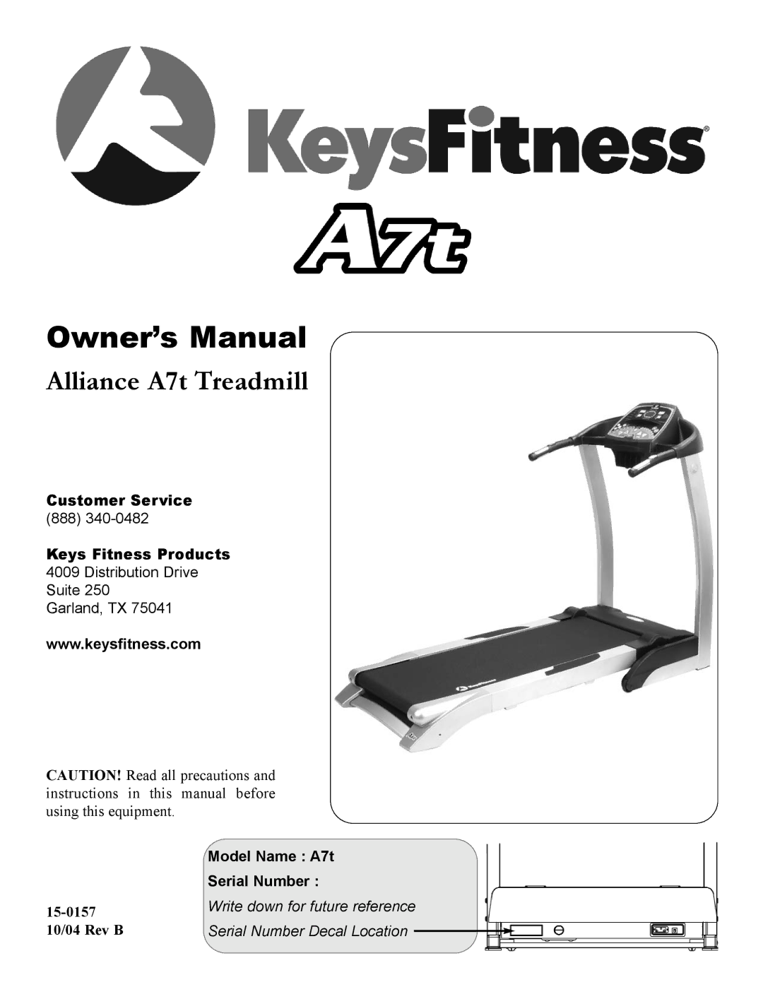 Keys Fitness HT75t owner manual Alliance A7t Treadmill 