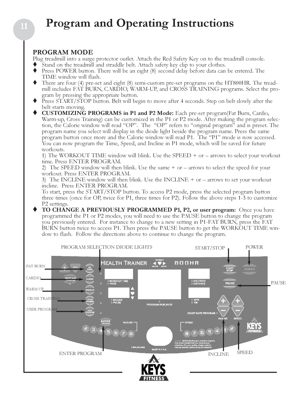 Keys Fitness HT800HR owner manual Program Mode 