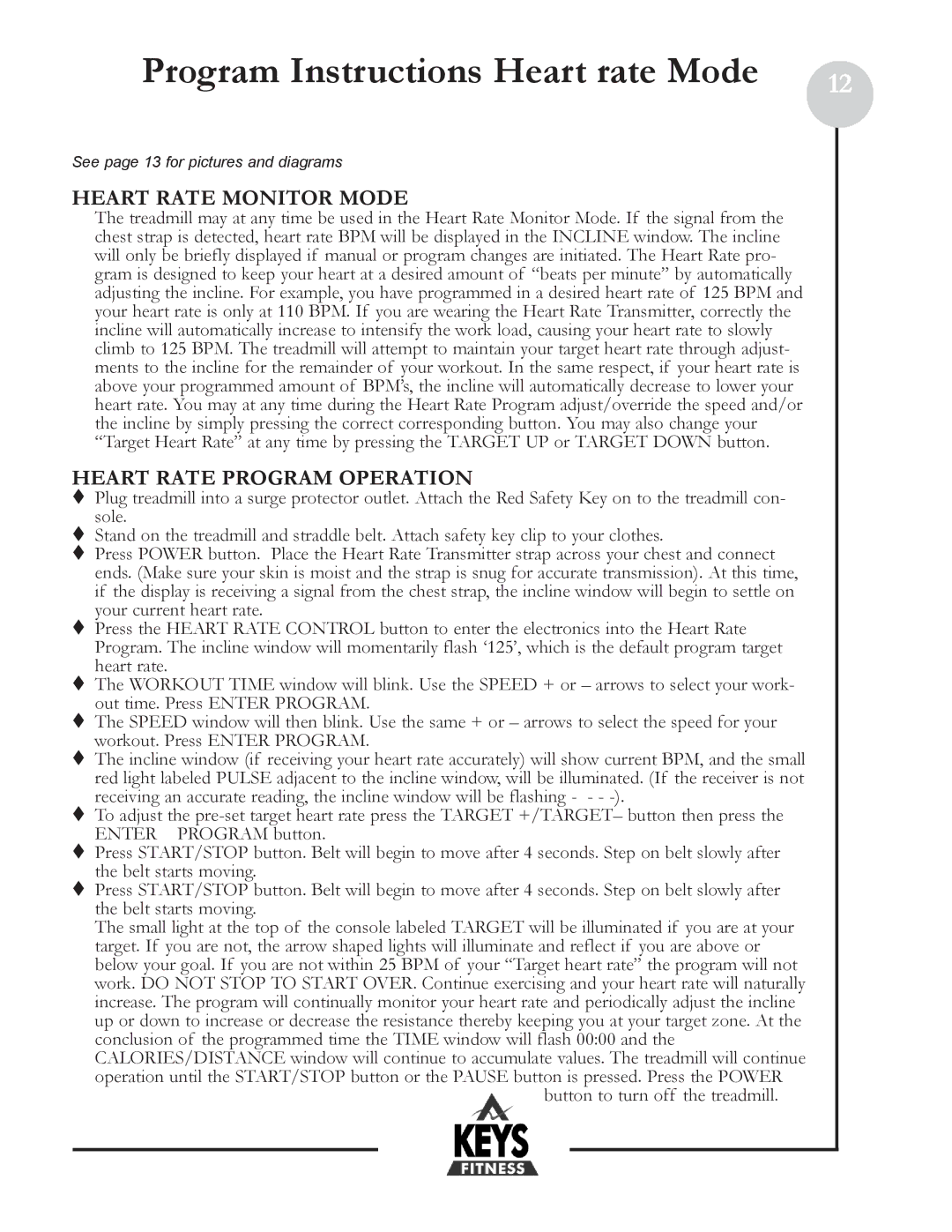 Keys Fitness HT800HR Program Instructions Heart rate Mode, Heart Rate Monitor Mode, Heart Rate Program Operation 