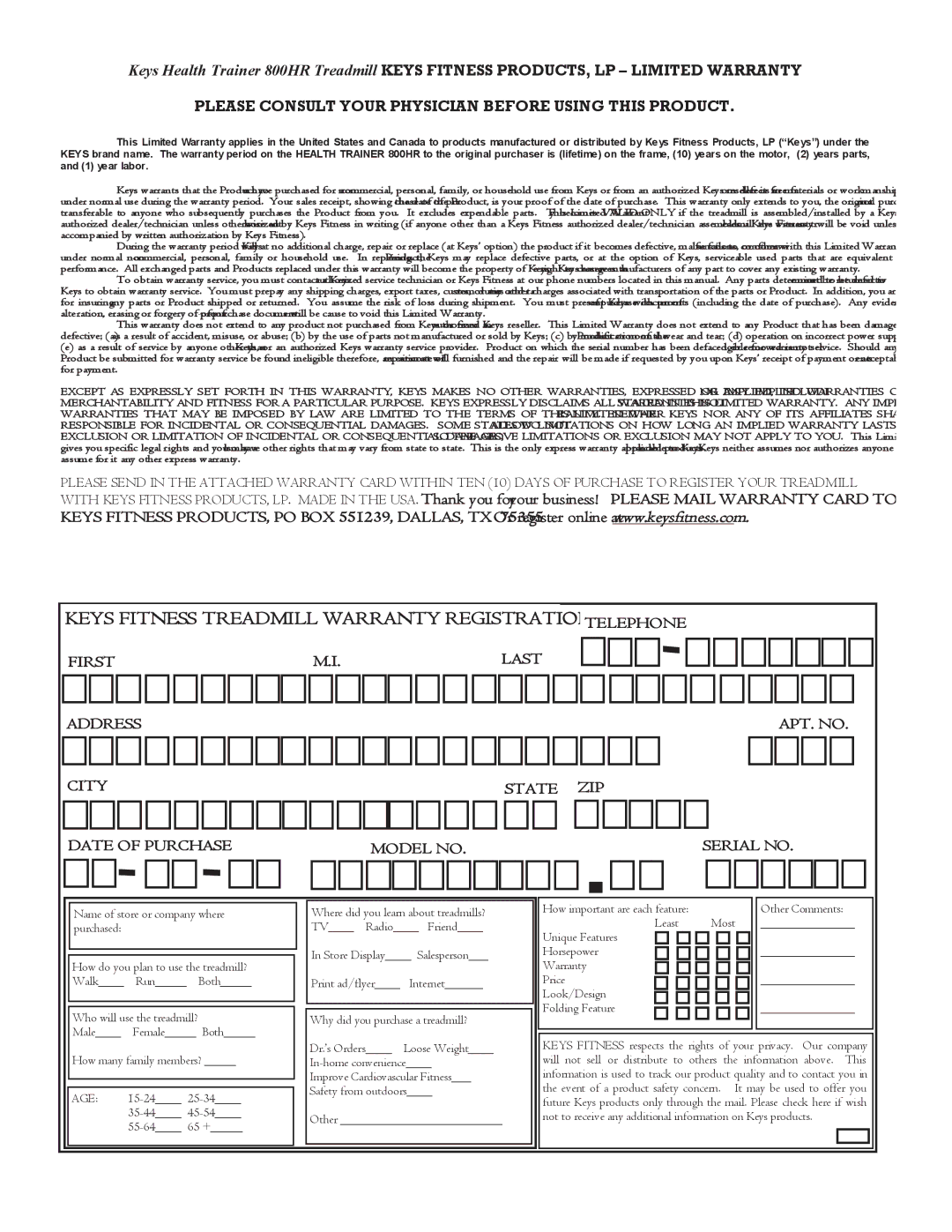 Keys Fitness HT800HR owner manual Keys Fitness Treadmill Warranty Registration 