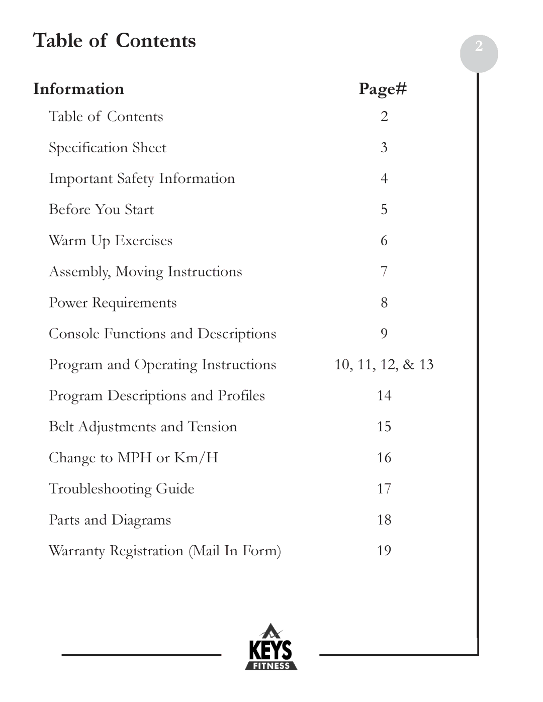 Keys Fitness HT800HR owner manual Table of Contents 