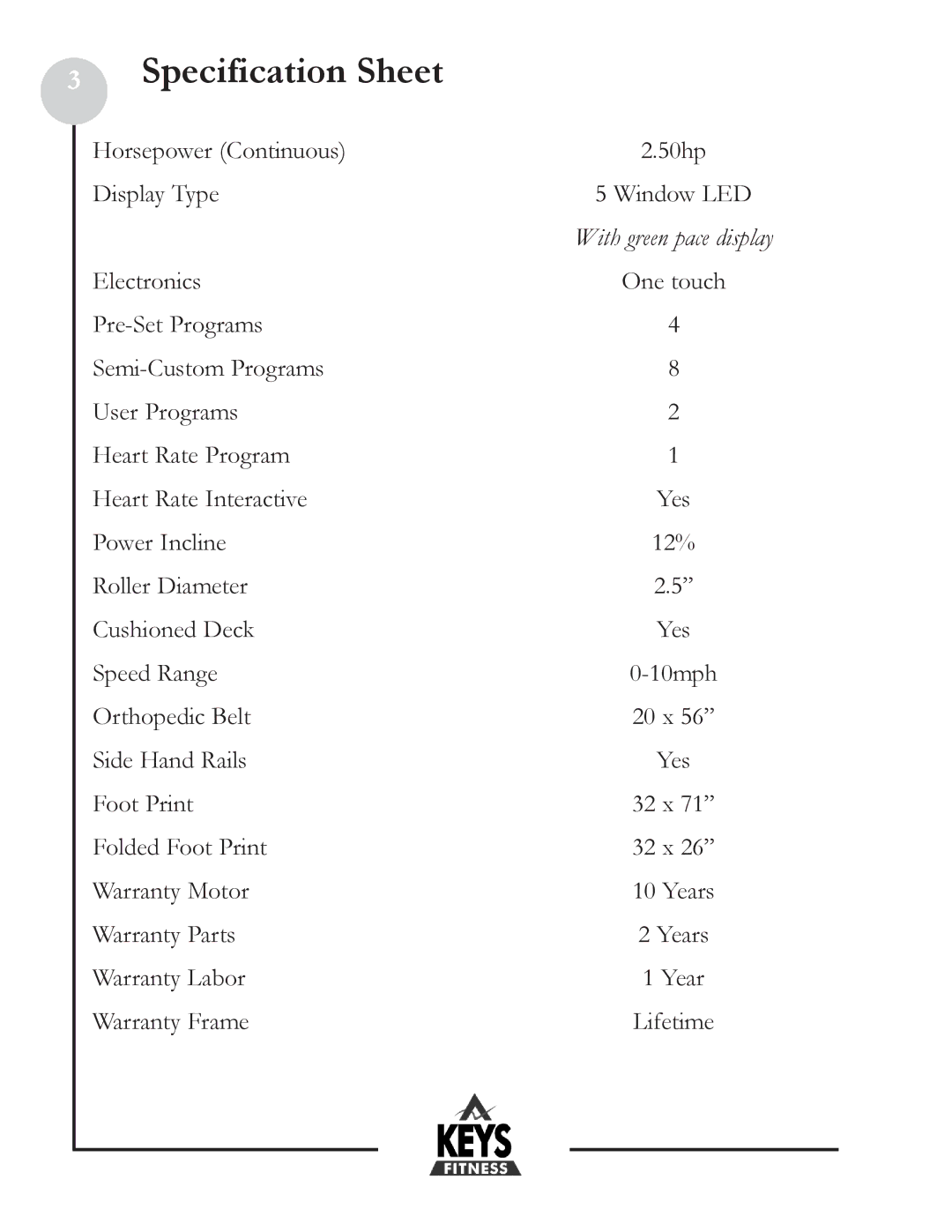 Keys Fitness HT800HR owner manual Specification Sheet, With green pace display 