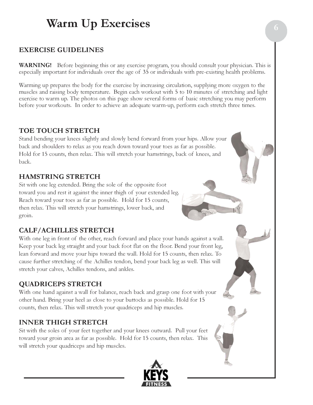 Keys Fitness HT800HR owner manual Warm Up Exercises 