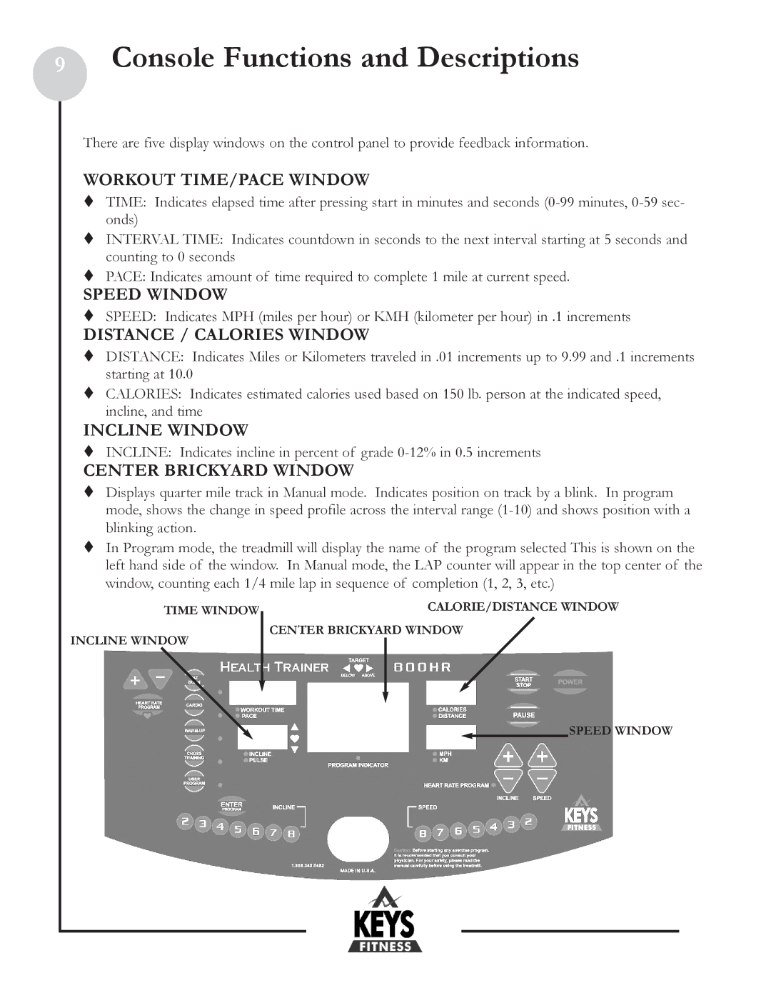 Keys Fitness HT800HR owner manual Console Functions and Descriptions 