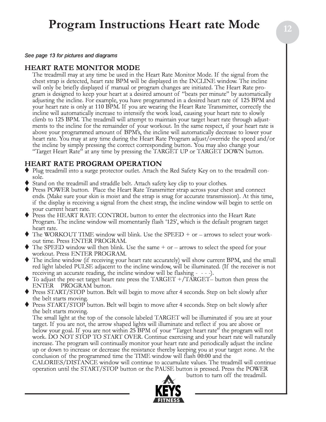 Keys Fitness HT800HR Program Instructions Heart rate Mode, Heart Rate Monitor Mode, Heart Rate Program Operation 
