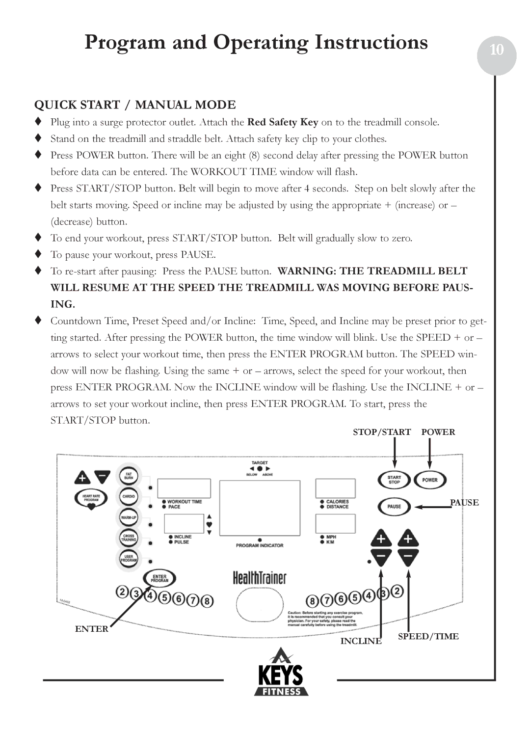 Keys Fitness HT801 owner manual Program and Operating Instructions, Quick Start / Manual Mode 