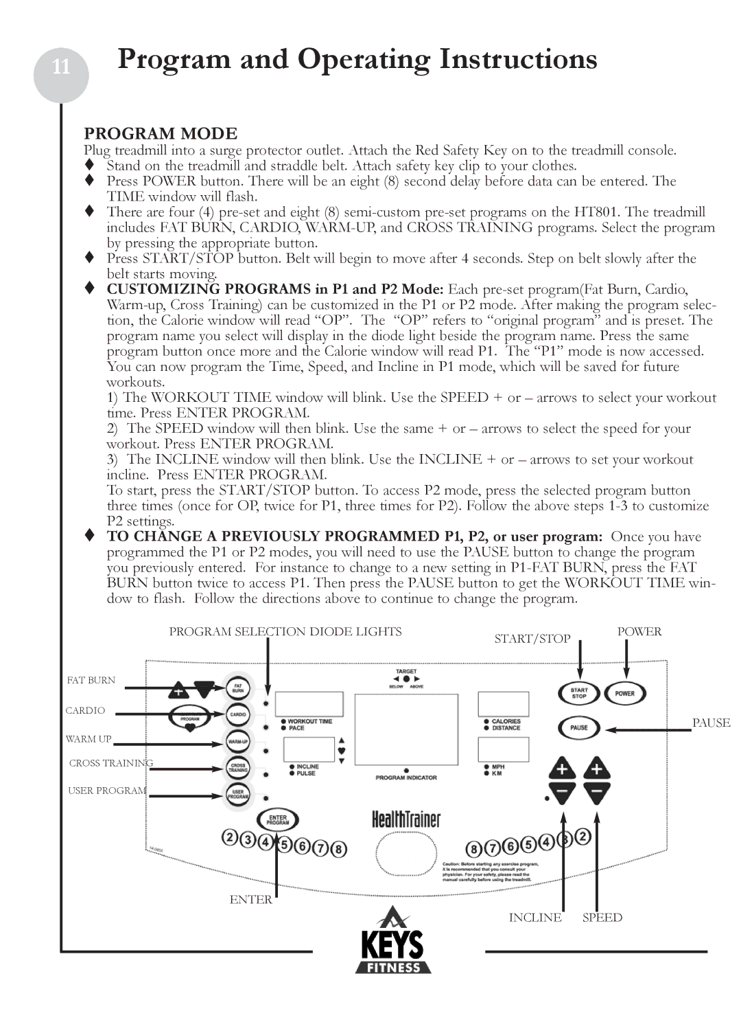 Keys Fitness HT801 owner manual Program Mode 