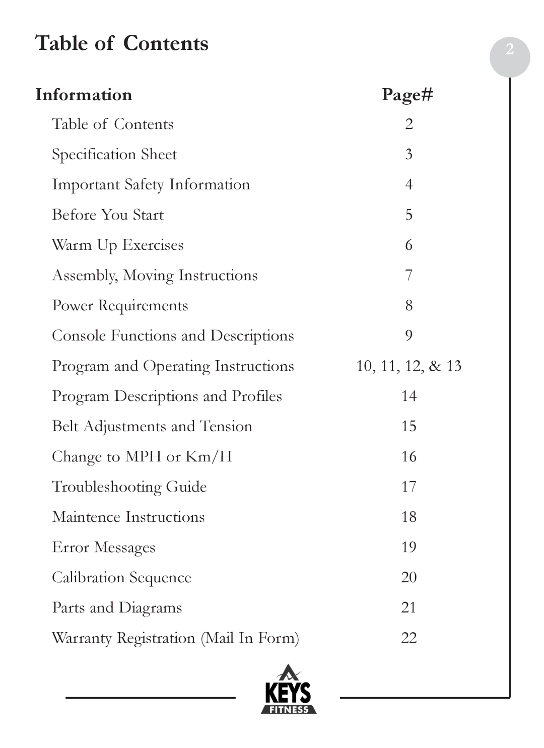 Keys Fitness HT801 owner manual Table of Contents 