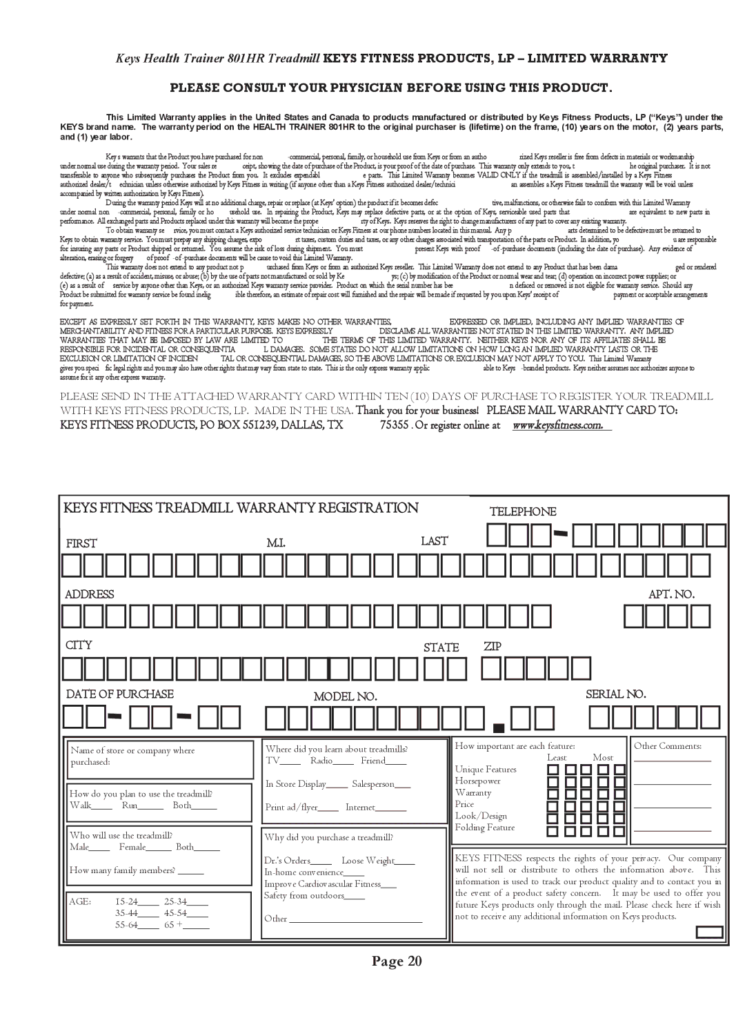 Keys Fitness HT801 owner manual Please Consult Your Physician Before Using this Product 