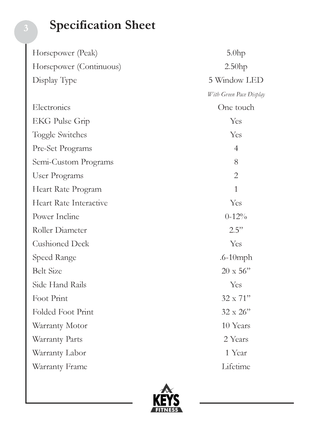 Keys Fitness HT801 owner manual Specification Sheet 