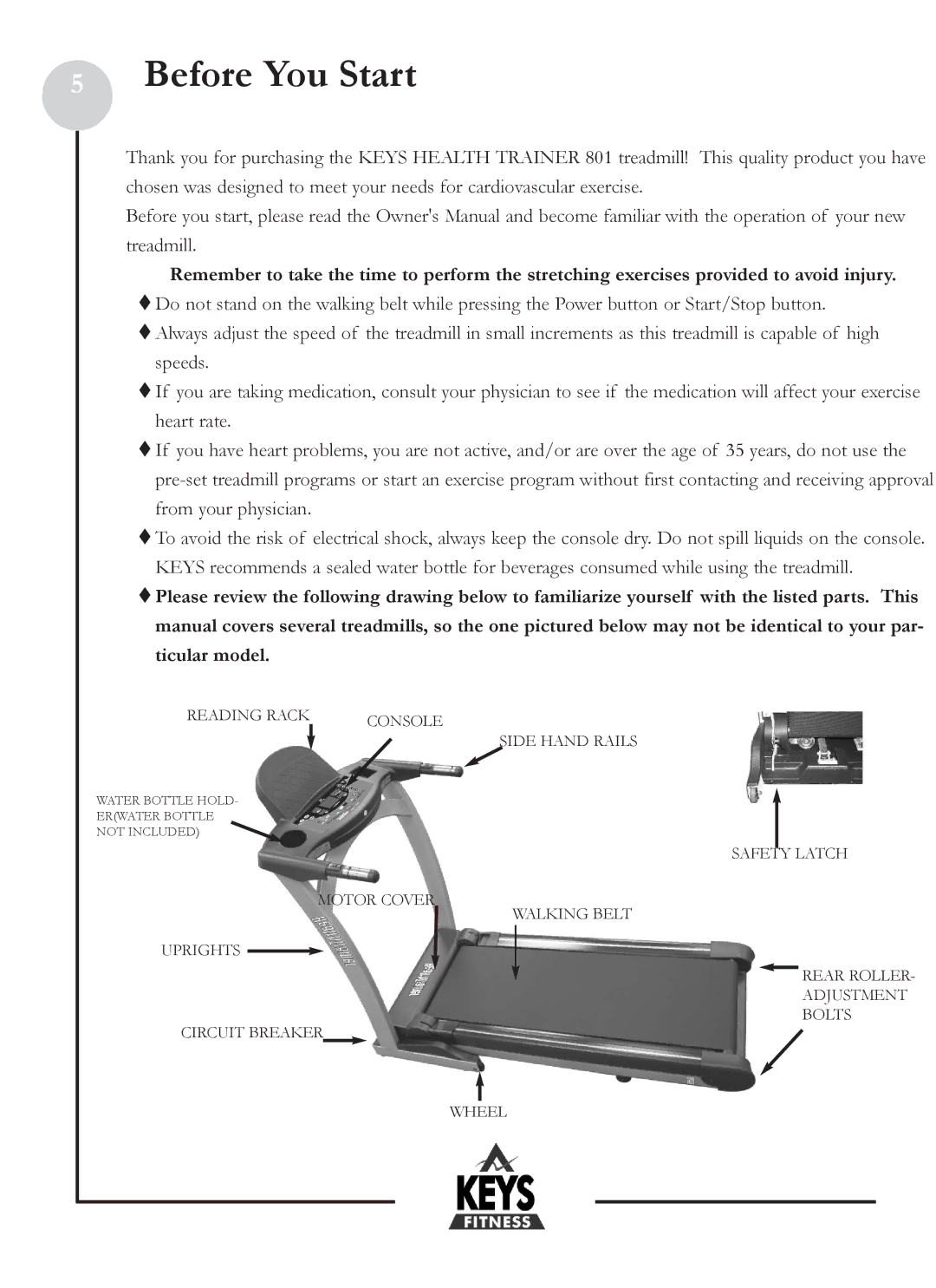 Keys Fitness HT801 owner manual Before You Start 