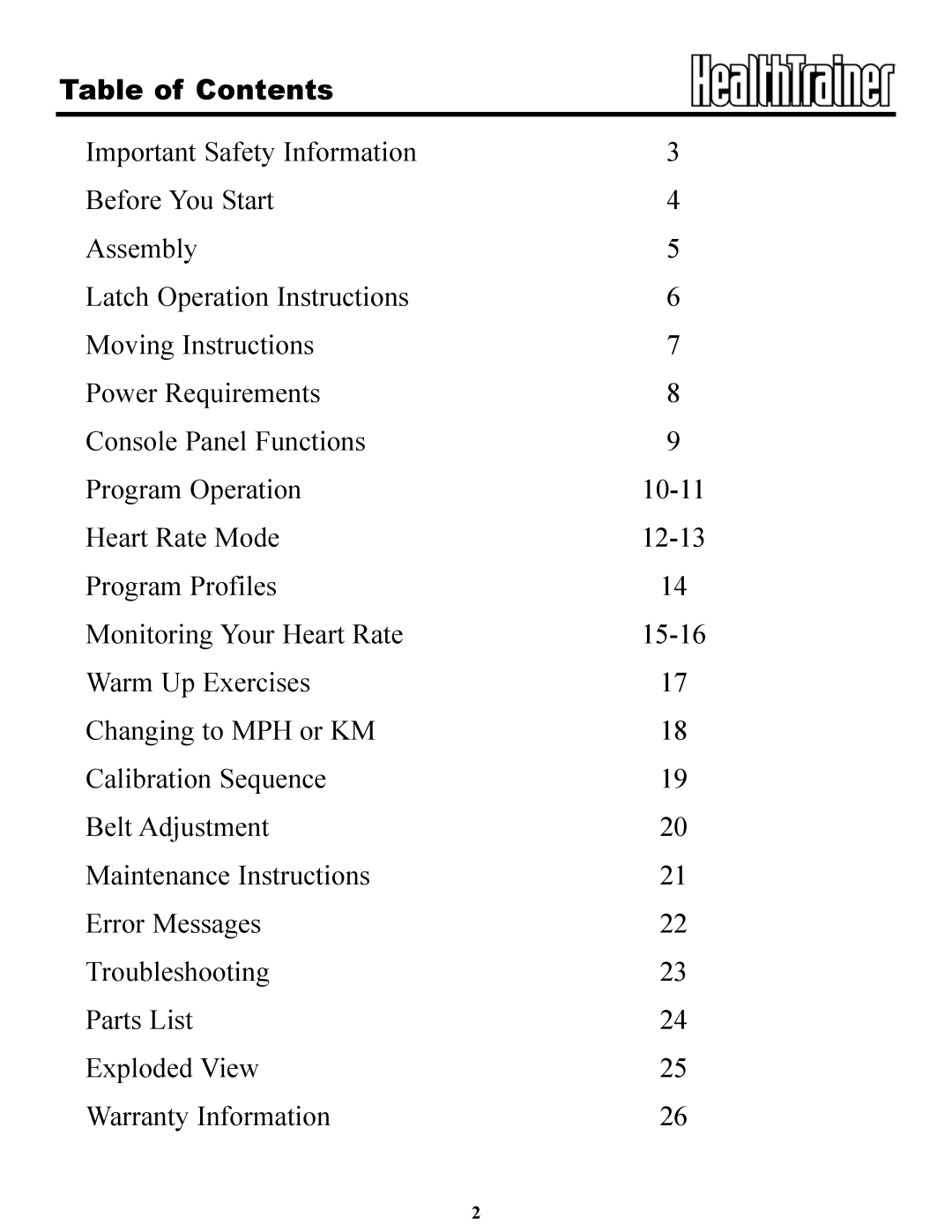 Keys Fitness HT802t owner manual Table of Contents 