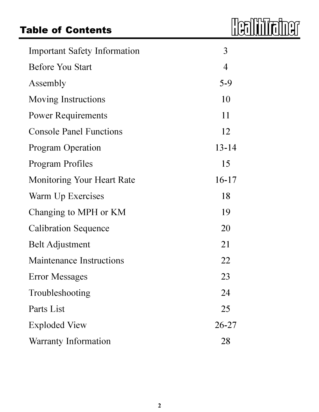 Keys Fitness HT85t owner manual Table of Contents 