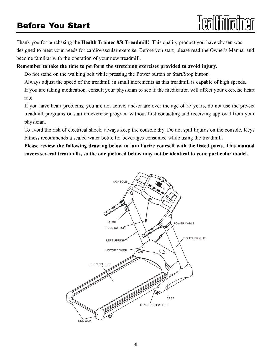 Keys Fitness HT85t owner manual Before You Start 