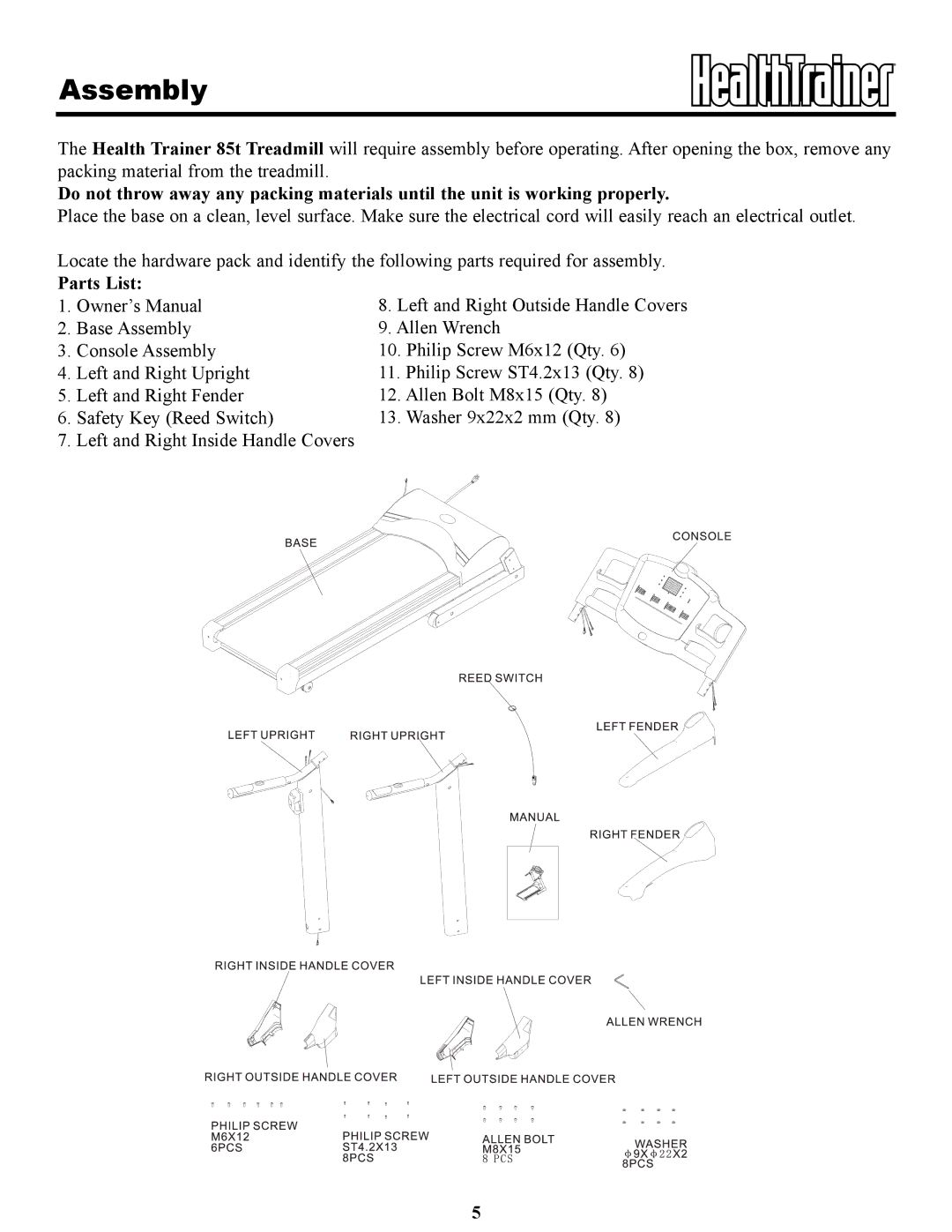 Keys Fitness HT85t owner manual Assembly, Parts List 