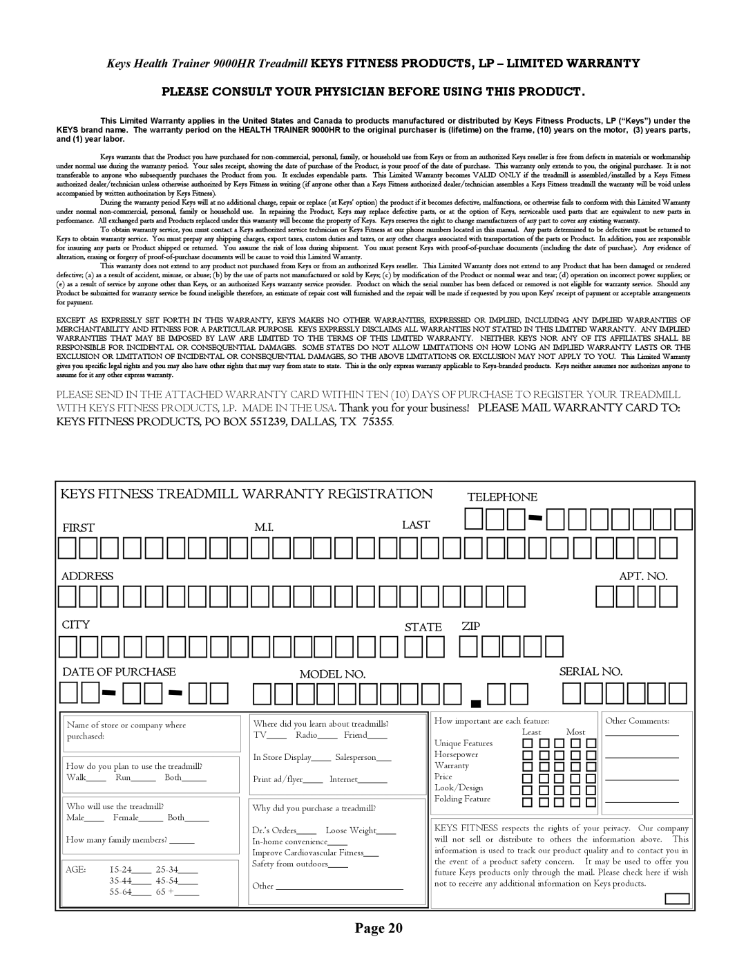 Keys Fitness HT9000 owner manual Keys Fitness Treadmill Warranty Registration 