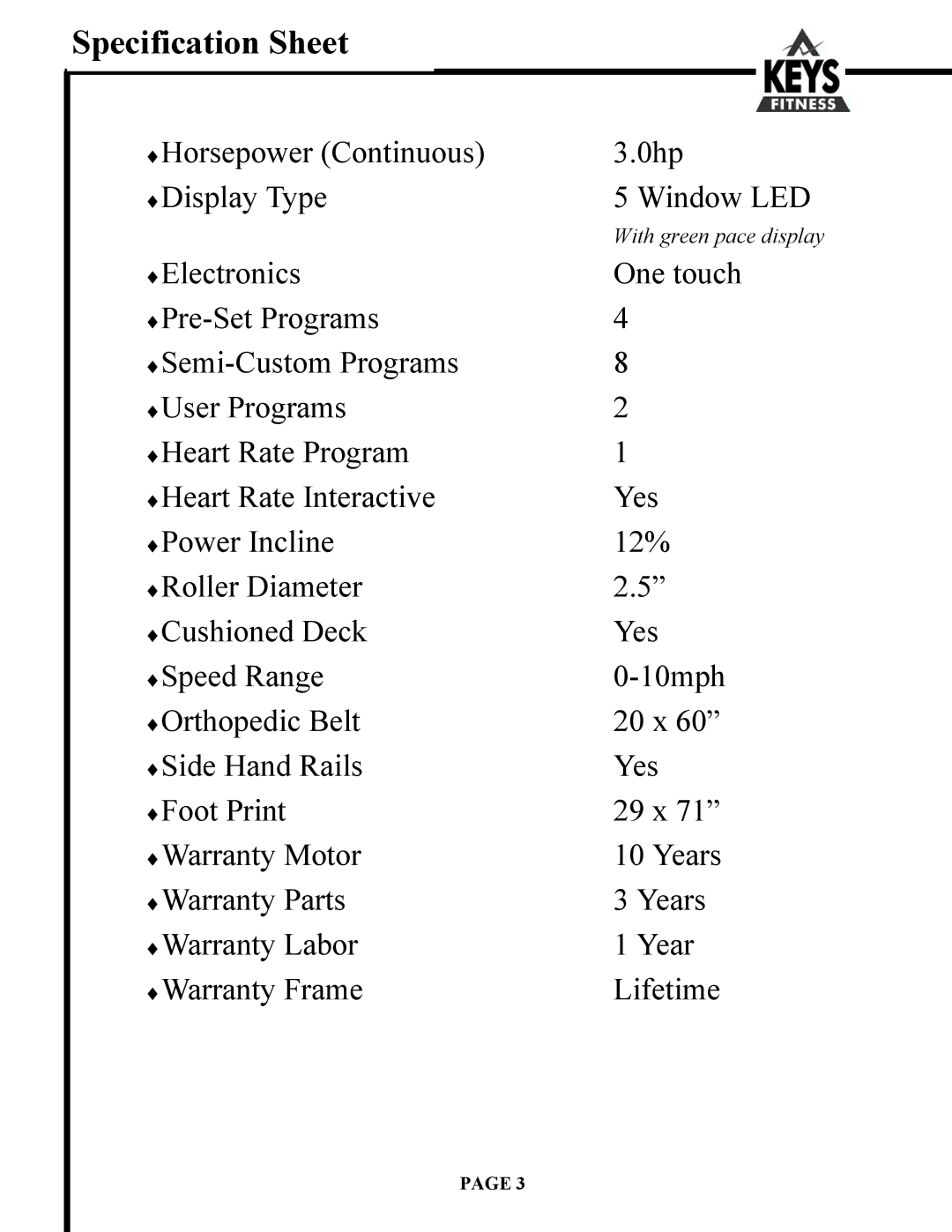 Keys Fitness HT9000 owner manual Specification Sheet 