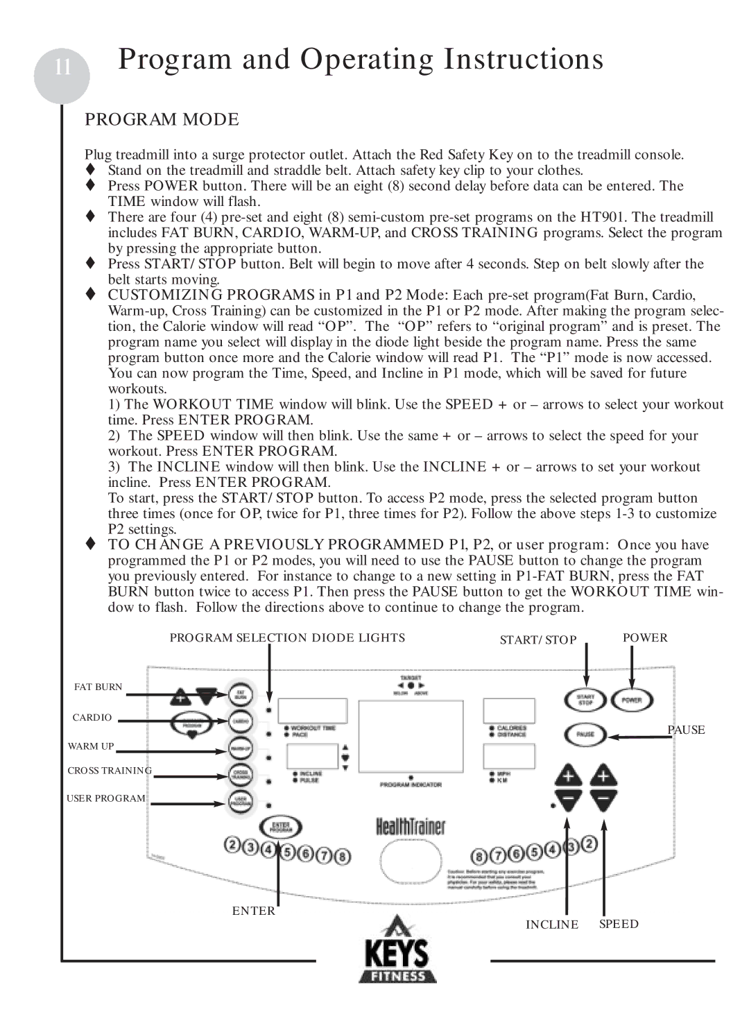 Keys Fitness HT901 owner manual Program Mode 