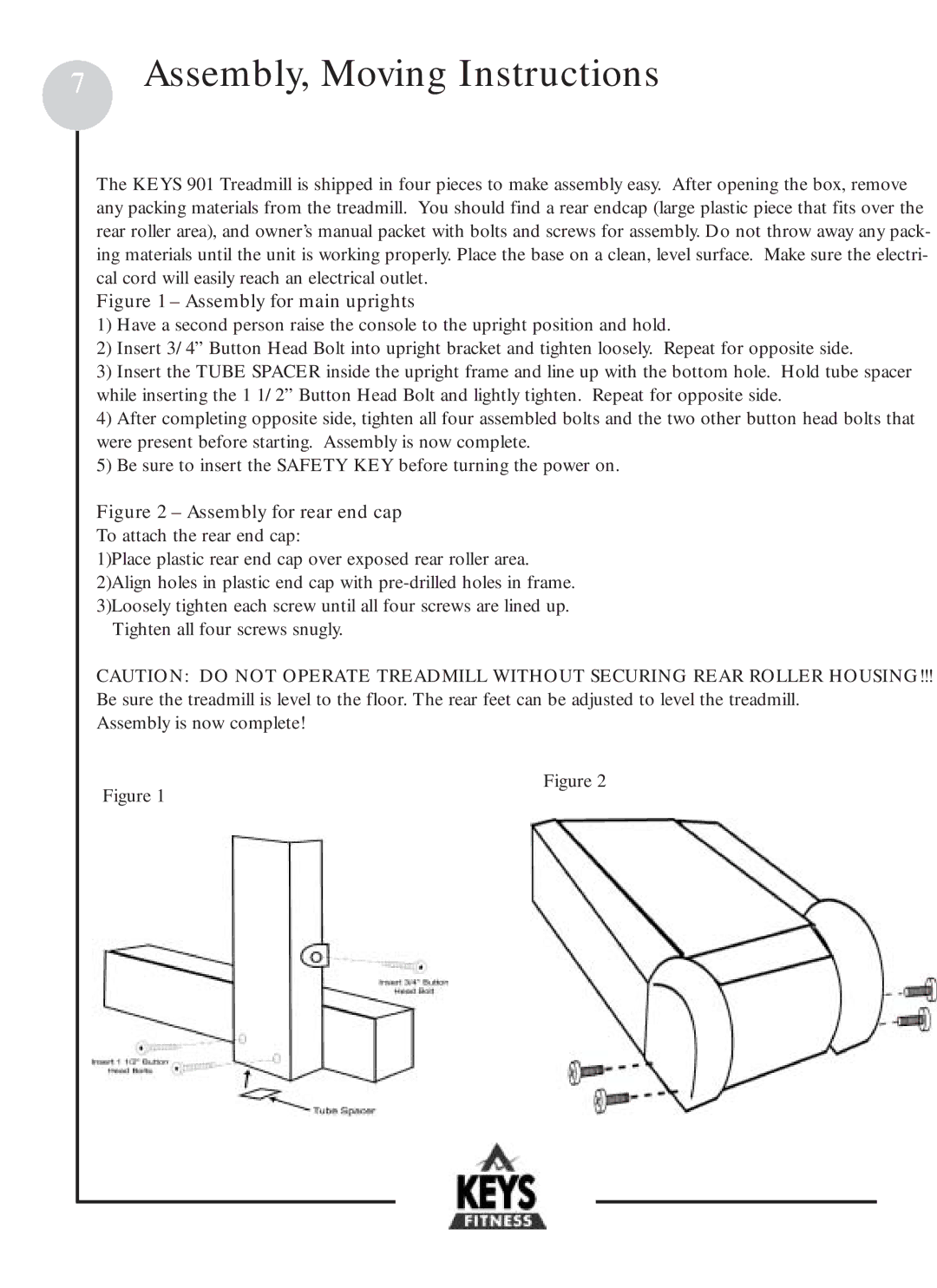 Keys Fitness HT901 owner manual Assembly, Moving Instructions, Assembly for main uprights 