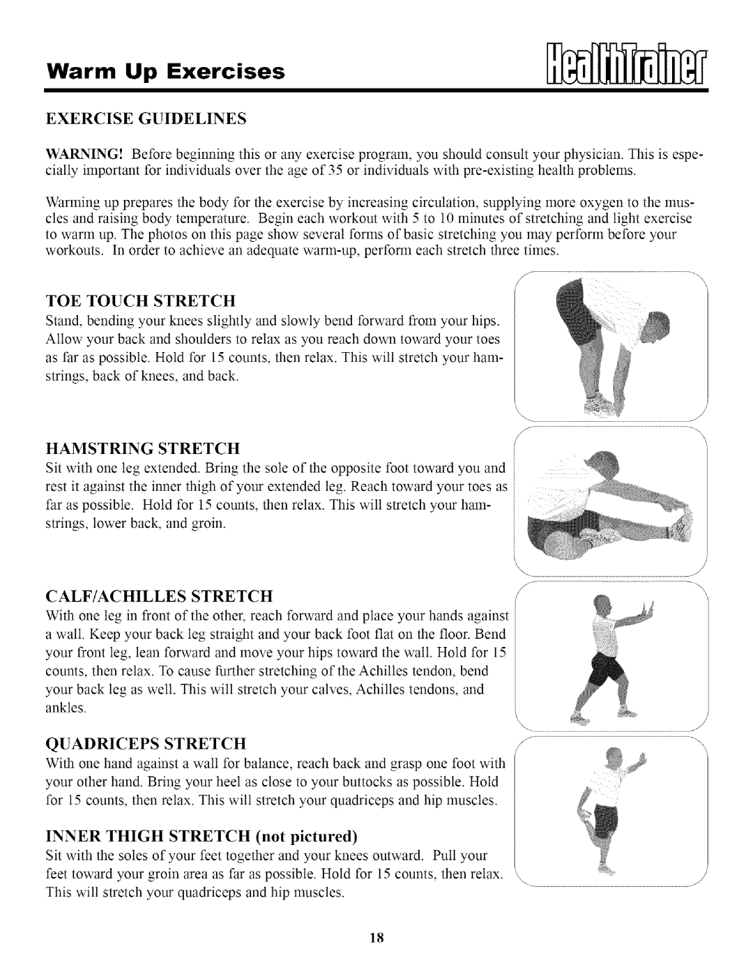 Keys Fitness HT95 owner manual Warm Up Exercises, Exercise Guidelines 