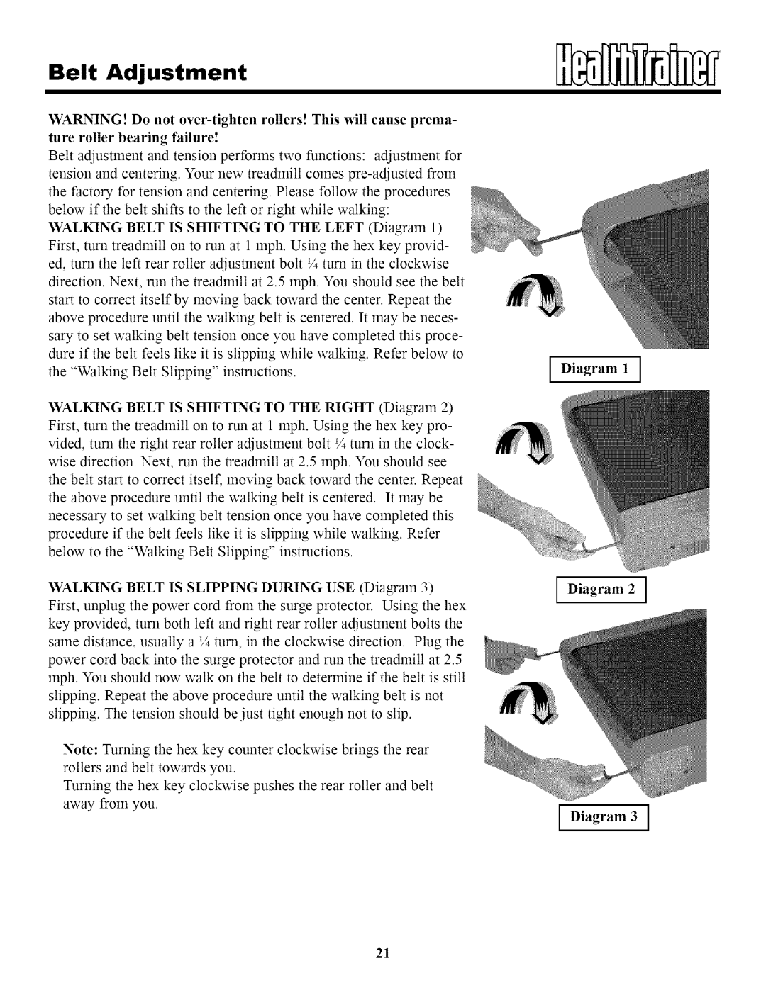 Keys Fitness HT95 owner manual Belt Adjustment 