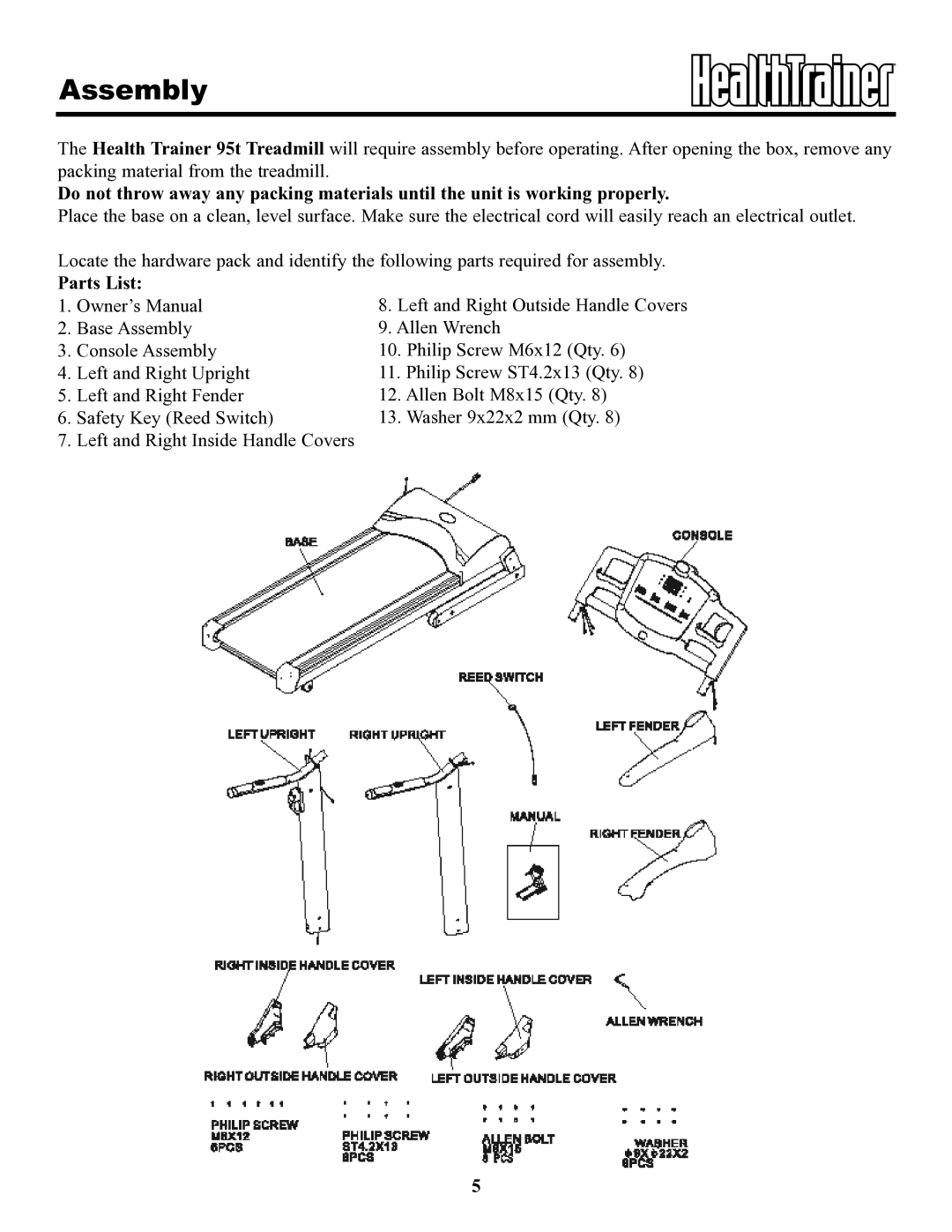 Keys Fitness HT95T-CE owner manual Assembly, Parts List 