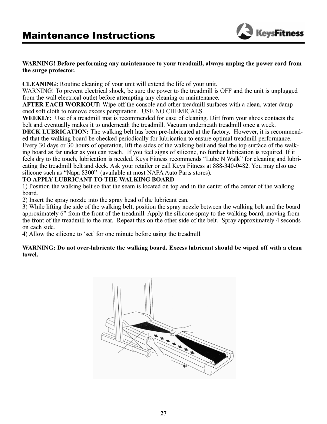 Keys Fitness Keys 9000LI, Keys 9000OB owner manual Maintenance Instructions, To Apply Lubricant to the Walking Board 