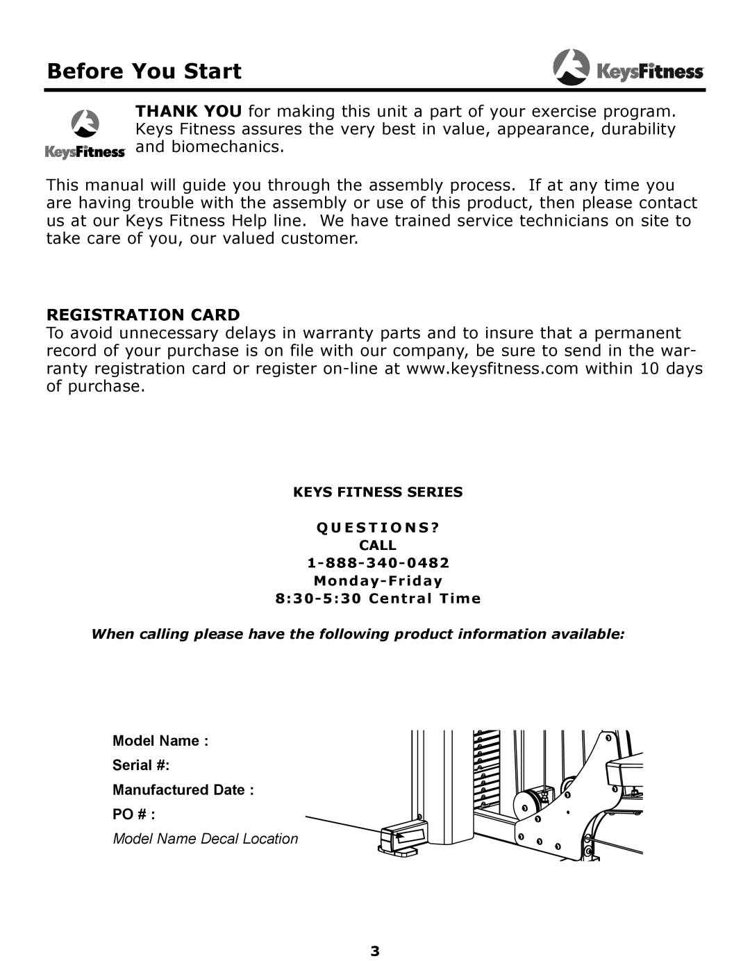 Keys Fitness KF-1560 owner manual Before You Start, Registration Card 