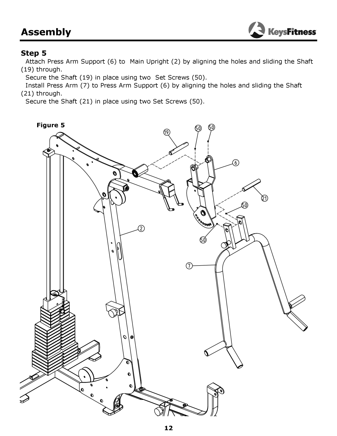 Keys Fitness KF-1560 owner manual Assembly, Step, Secure the Shaft 19 in place using two Set Screws 